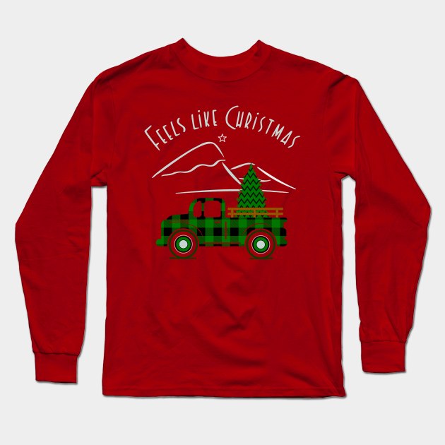 Feels Like Christmas, Green Plaid Pickup Truck Long Sleeve T-Shirt by Blended Designs